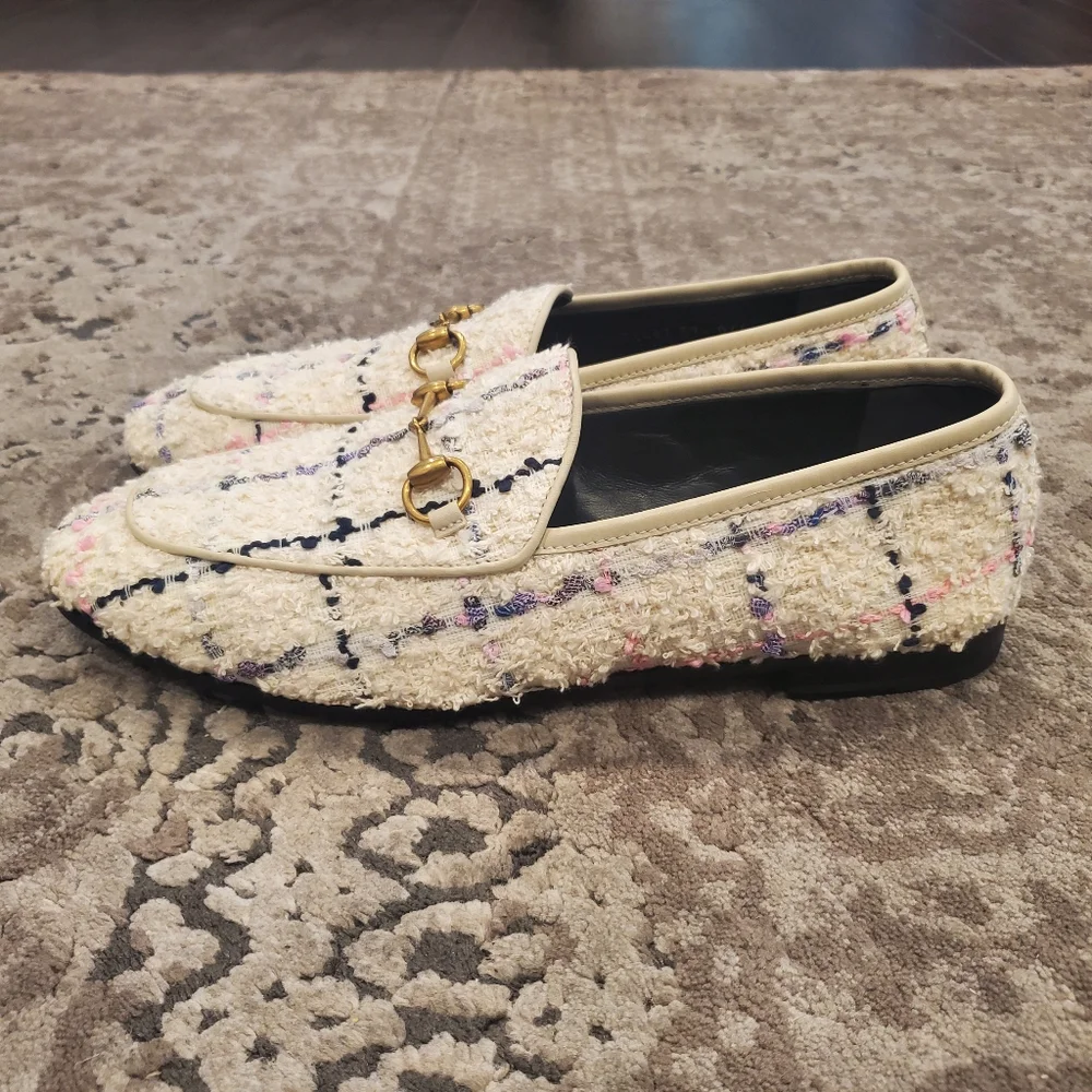 Gucci Jordaan Horsebit-Detailed Leather-Trimmed Boucle-Tweed Loafers in Ivory - Picture 7 of 9